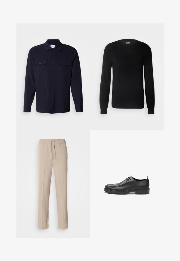 Pull en maille noir avec un col rond, des manches longues et un petit logo brodé sur la poitrine. Texture douce et coupe ajustée.; Veste en jean bleu marine faite d'un tissu doux, avec deux poches poitrine, une fermeture à boutons à l'avant et des manches longues avec des poignets à boutons.; Pantalons beiges, coupe décontractée, fabriqués en tissu doux, dotés d'une taille élastique avec cordon de serrage et de jambes droites avec des accents minimalistes.; Chaussures en cuir noir avec une finition lisse, bout arrondi et coutures décoratives. Elles possèdent une semelle en caoutchouc avec des rainures de traction et un laçage.