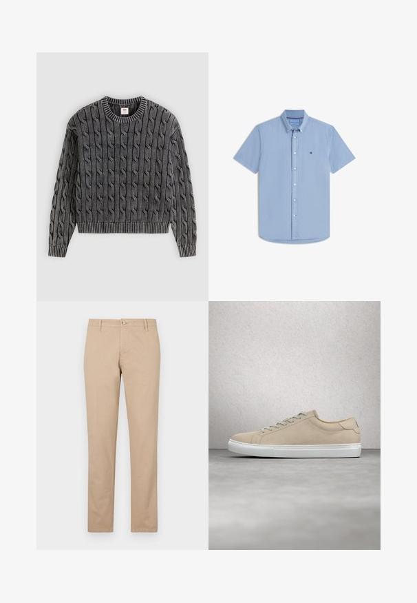 Suéter gris de punto trenzado con cuello y dobladillo acanalados. Presenta un patrón texturizado de cables entrelazados a lo largo de toda la tela.; Camisa de manga corta azul claro con botones, cuello y pequeño logo bordado en el lado izquierdo del pecho.; Pantalones beige de algodón con corte recto, que cuentan con un cierre frontal de botones, bolsillos laterales y detalles de textura sutil.; Zapatilla de ante beige con puntera redondeada, suela de goma blanca y cordones a juego. Diseño minimalista con sutiles detalles de costura.