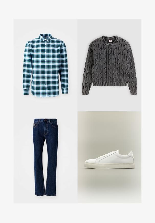 Pull gris en maille torsadée avec un col et un ourlet côtelés. Présente un motif texturé de câbles entrelacés sur tout le tissu.; Chemise à manches longues à carreaux verts et blancs avec un col boutonné et des boutons à l'avant. Fabriquée en tissu léger, présentant un design structuré.; Jeans en denim bleu foncé avec une coupe droite, comprenant deux poches avant et une fermeture à bouton. Détails de coutures subtils.; Baskets blanches basses à lacets sur l’avant et semelle épaisse, vues de côté sur un fond neutre.