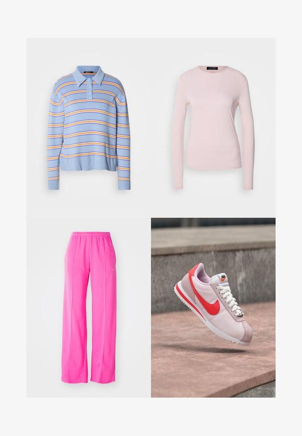 Lyseblåstribet polo-sweater med tre knapper, med vandrette striber i hvid, orange og dybblå. Blød strikket tekstur.; Langærmet skjorte i blødt lyserødt stof med rund halsudskæring og en tætsiddende pasform. Glat tekstur uden synlige mønstre eller accenter.; Lyserøde, løstsiddende, letvægts sweatsbukser med elastisk talje og sidesømme. Har et lille logo nær den øverste venstre lår.; Lyserød og rød Nike sneaker med hvide snørebånd, svævende midt i luften over en stenoverflade.