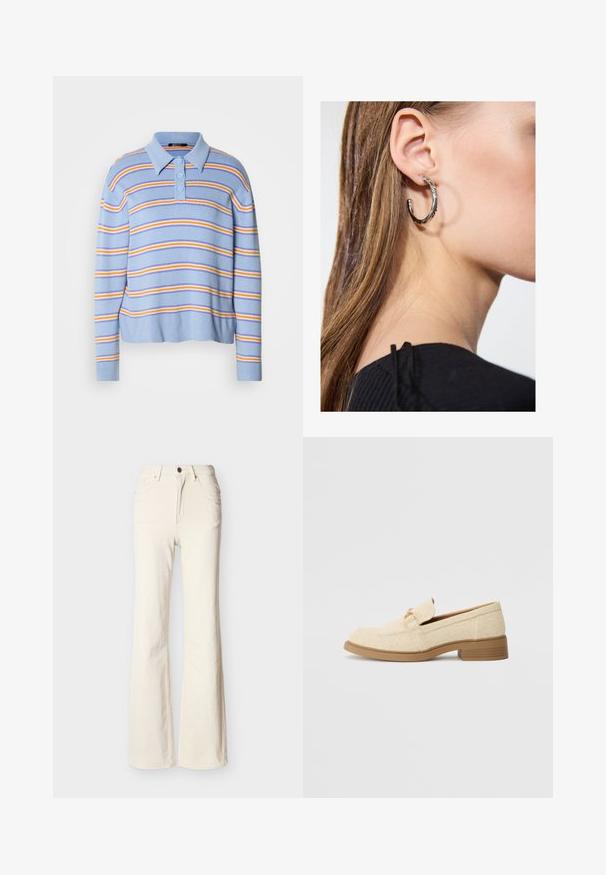 Lyseblåstribet polo-sweater med tre knapper, med vandrette striber i hvid, orange og dybblå. Blød strikket tekstur.; Offwhite, højtaljede jeans med forreste knap, lynlås, for- og baglommer samt let udvidet benstil.; Beige tekstil loafers med en lav blokhæl, der har et syet design og en dekorativ hardware accent i guldtoner på overdelen.; Sølv hoop ørestik med en poleret overflade, prydet med små guld accenter og en rund form, båret på øreflippen.