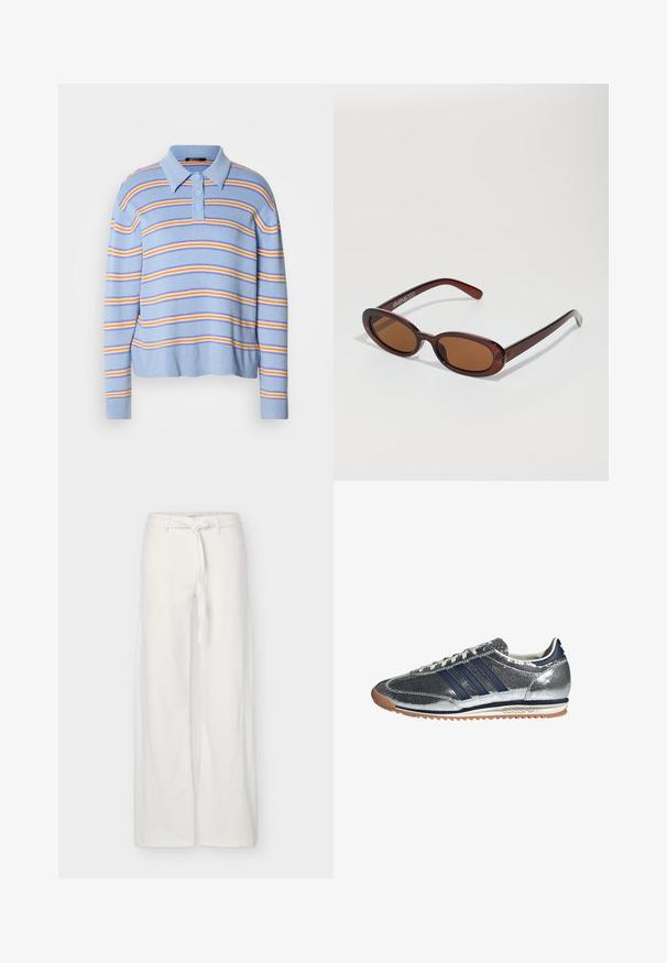 Lyseblåstribet polo-sweater med tre knapper, med vandrette striber i hvid, orange og dybblå. Blød strikket tekstur.; Hvide bukser med brede ben, frontlommer og et stofbælte bundet i taljen, vist på en ensfarvet baggrund.; Sølv syntetisk sneakers med marineblå striber, rund tå, hvidt foer og gummisko. Har tekstureret overdel og snøring.; Runde, bruntonede solbriller med en glansfuld bordeauxramme. Slanke arme med diskret brandingdetalje. Flad linsedesign.