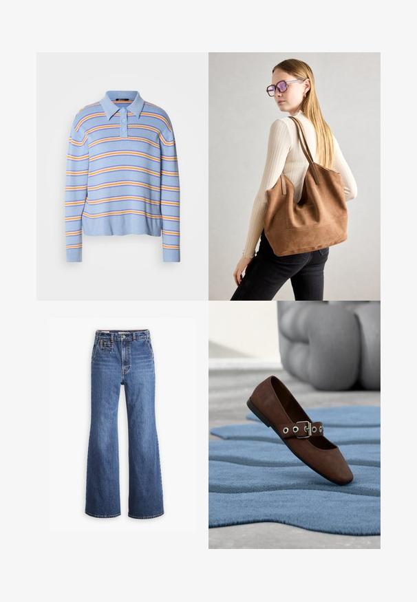 Suéter tipo polo a rayas azul claro con tres botones, con rayas horizontales en blanco, naranja y azul oscuro. Textura de punto suave.; Pantalones vaqueros de denim azul de cintura alta con un diseño de pierna ancha, que cuentan con un bolsillo delantero, cierre de botón de bronce y costuras en contraste.; Zapato plano de ante marrón con correa de hebilla descansando sobre una alfombra azul texturizada y muebles grises capitoné al fondo.; Bolso de tote de ante marrón con textura suave, gran abertura y asas largas. Presenta un diseño sencillo con costuras visibles y sin herrajes.