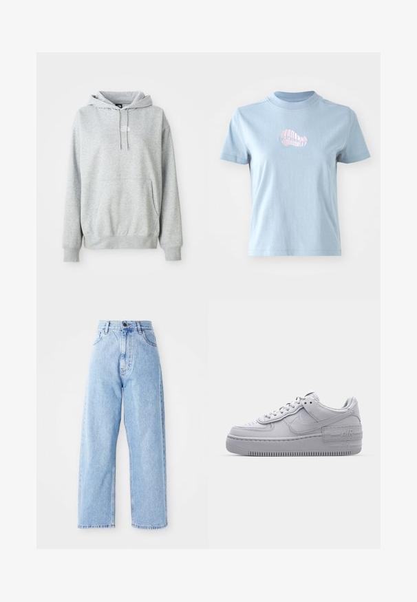Lys grå hættetrøje med frontlomme, snøre i huen, riflede manchetter og lille hvid "The North Face"-logo på brystet.; Lyseblå bomulds T-shirt med korte ærmer og høj halsudskæring, prydet med et lille pink broderet skaldesign på forsiden.; Højhalset lysblå denimjeans med lige vide ben, frontknap, lynlås lukning samt front- og baglommer.; Grå Nike Air Force 1 sneakers med perforeret tå, glat læderoverdel, tyk sål og præget 'AIR' detalje på hælen.