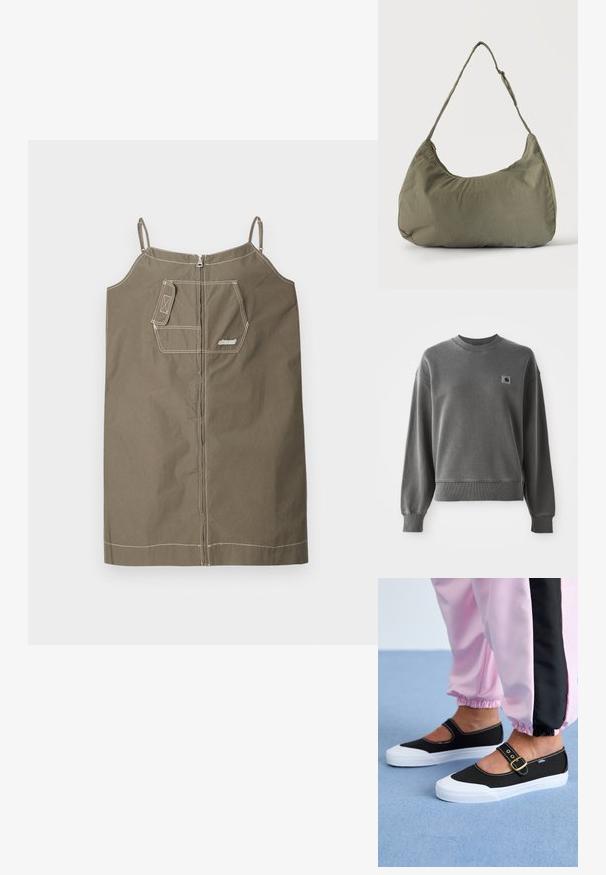 Sweatshirt gris en pulle de mélange de coton doux, doté d'un col rond, de poignets côtelés et d'une petite étiquette logo sur la poitrine gauche.; Robe sans manches vert olive en coton avec fermeture éclair. Dispose d'une poche poitrine unique, de coutures contrastantes et de bretelles ajustables.; Baskets noires en toile avec une semelle blanche, présentant un design découpé et une sangle en boucle dorée. Portées avec un pantalon de survêtement rose.; Sac à épaule en tissu doux vert olive avec fermeture éclair et bandoulière réglable sur un fond uni clair.