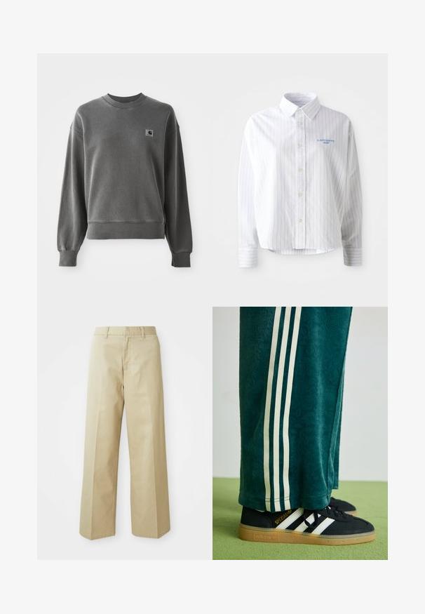 Grå pullover sweatshirt lavet af glat bomuldsblanding, med rund hals, ribbede manchetter og et lille logopatch på venstre bryst.; Hvid skjorte med lyseblå lodrette striber, en spids krave og et lille blåt logo på venstre bryst. Forarbejdet i bomuldsstof, afslappet pasform.; Beige vide bukser lavet af bomuld med en glat tekstur. Har en lige pasform, bæltestropper og skrå lommer.; Grønne teksturerede bukser med hvide sidelince, parret med sorte Adidas sneakers med tre hvide striber og en gummisål.