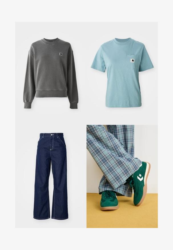 Sudadera gris de algodón suave, con cuello redondo, puños acanalados y un pequeño parche de logo en el lado izquierdo del pecho.; Camiseta de algodón de manga corta color azul claro con bolsillo en el pecho que presenta un pequeño parche del logotipo en blanco y negro de Carhartt.; Jeans de pierna ancha en denim azul oscuro, con una cintura alta, costuras blancas en contraste y diseño tradicional de cinco bolsillos.; Zapatillas de ante verdes con acentos blancos y un logo de estrella, combinadas con pantalones de cuadros azules de pierna ancha, sobre un suelo amarillo.