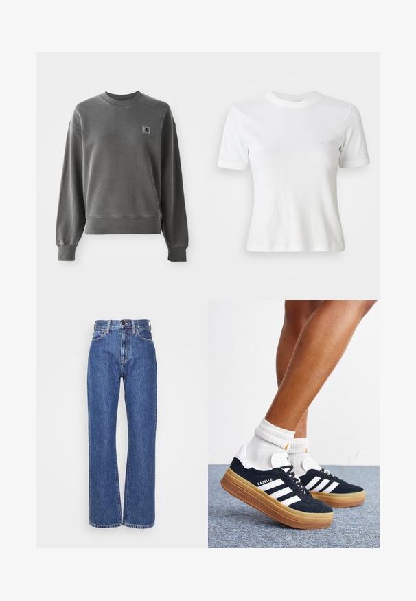 Grau pullover Sweatshirt aus glattem Baumwollmix, mit rundem Halsausschnitt, gerippten Bündchen und einem kleinen Logopatch auf der linken Brust.; Weiße, gerippte Kurzarm-T-Shirt mit Rundhalsausschnitt und kleinem Logo auf der Brust. Aus weichem Stoff gefertigt mit taillierter Passform.; Blaue Denim-Jeans mit weitem Bein, hoher Taille, Kontrastnähten und klassischem Fünf-Taschen-Design. Strukturierter Stoff mit glatter Oberfläche.; Beine mit weißen Socken und schwarzen Adidas Gazelle Sneakers mit weißen Streifen und dicken braunen Sohlen auf einem grauen Teppichboden.