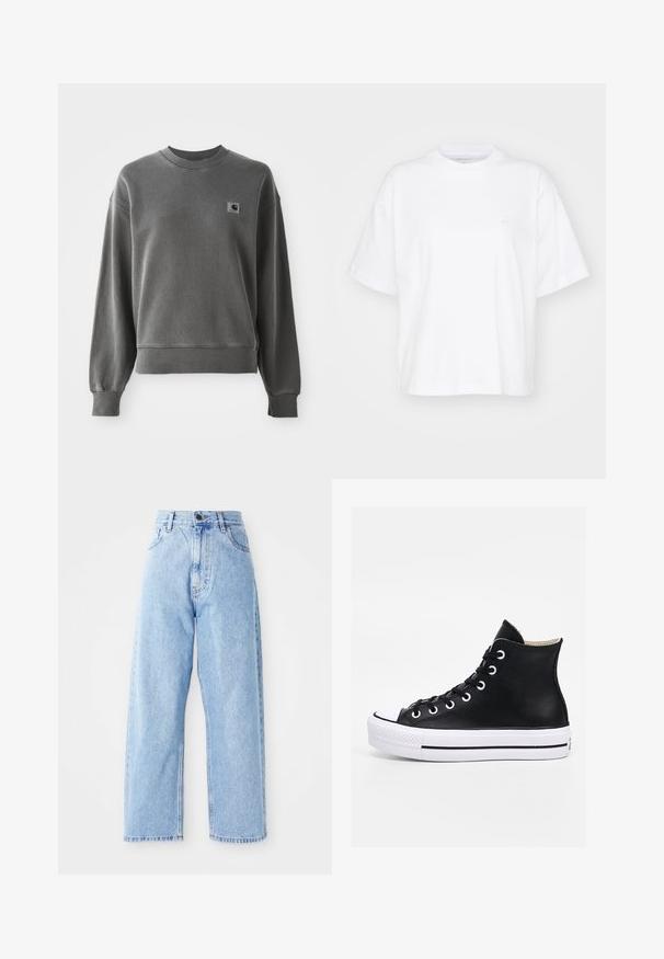 Grijze pullover sweatshirt van een gladde katoenmix, met een ronde hals, geribbelde manchetten en een klein logopatch op de linkerkant van de borst.; Witte katoenen t-shirt met een ronde hals, korte mouwen en een ontspannen pasvorm. Heeft een subtiel logo op het linkerborstgedeelte. Zachte textuur.; Hogewaisted lichtblauwe denim jeans met rechte wijde pijpen, voorste knoop, ritssluiting en voor- en achterkant zakken.; Zwarte hoge sneaker met witte neuskap en zool, zwevend boven betonnen traptreden in een stedelijke buitenomgeving.