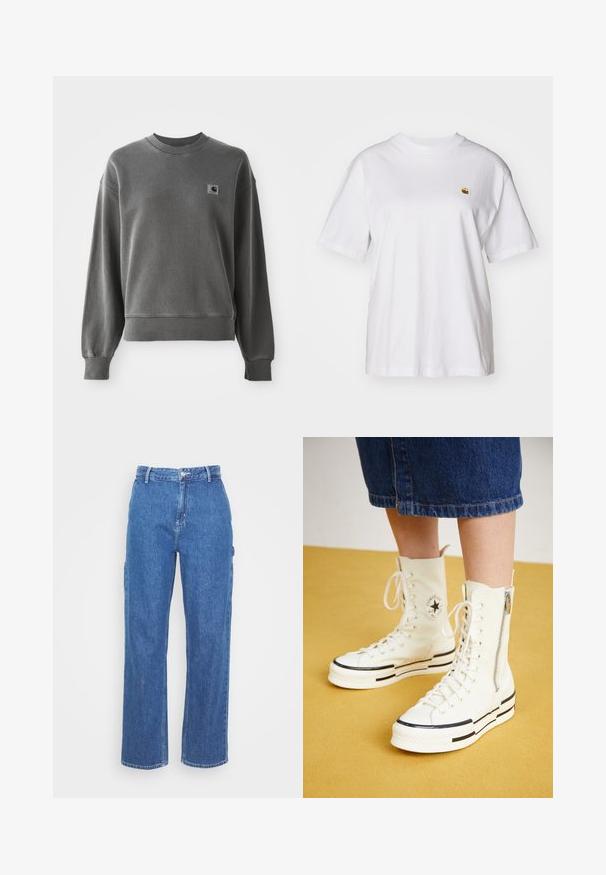 Grau pullover Sweatshirt aus glattem Baumwollmix, mit rundem Halsausschnitt, gerippten Bündchen und einem kleinen Logopatch auf der linken Brust.; Weißes Baumwoll-T-Shirt mit lockerem Schnitt, kurzen Ärmeln und einem kleinen gestickten Logo auf der linken Brustseite.; Blaue High-Waist-Jeans mit geradem Bein, ausgestattet mit einem Frontknopfverschluss und seitlichen Taschen. Glatte Textur und keine sichtbaren Muster.; Weiße High-Top-Sneaker mit Reißverschluss, Schnürdesign und schwarzen Streifenakzenten auf einer dicken Sohle. Texturiertes Canvas-Material.