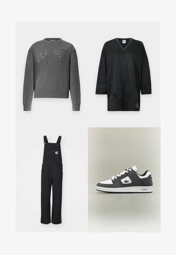 Hall halli pikkade varrukatega kampsun, mille varruka- ja alaäär on soonikkoes. Rinnaosas on reljeefne punutud tekst "OBEY INT.".; Must Nike lühikese varrukaga särk V-kaelusega, millel on vertikaalne soonik, õmblusega detailid ja vasakul rinnal logo. Kerge materjal.; Mustad mustrid ühes tükis, reguleeritavad õlapaelad, esipindadega tasku ja külgmised nupud. Sirged sääred, sile tekstuur, minimaalne stiil.; Mustvalge Lacoste tenisekingad valgete paeltega, perforatsioonidega varvaseosa, krokodillilogoga küljel ja bränditud tallaga neutraalsel taustal.
