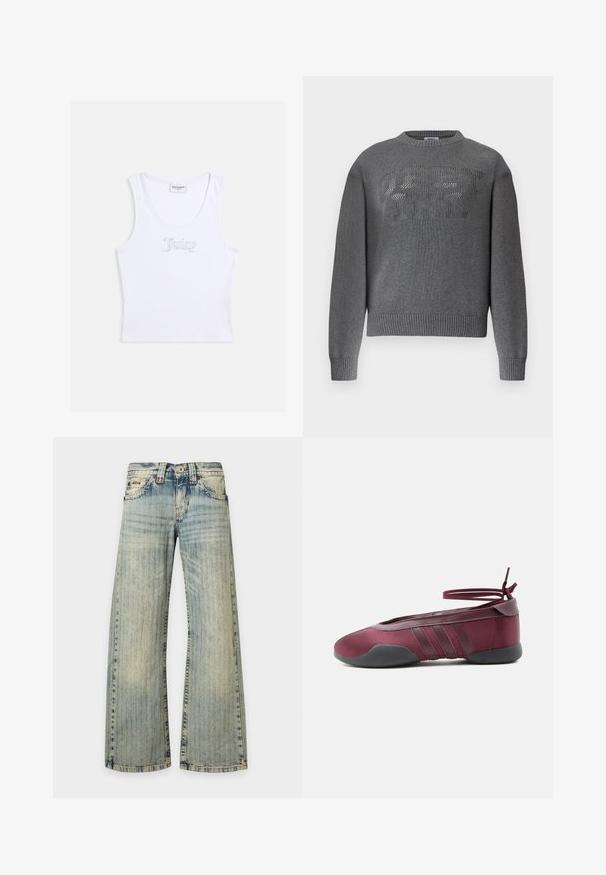 Pull en tricot gris à manches longues avec poignets et ourlet côtelés, arborant un texte en relief tricoté "OBEY INT." sur la poitrine.; Top court blanc sans manches en tissu côtelé avec encolure dégagée et "Juicy" écrit en strass sur la poitrine.; Jean en denim bleu clair avec un motif à rayures verticales délavées, poches avant, fermeture à boutons et jambes larges et droites.; Ballerine bordeaux avec semelle noire, brides élastiques à la cheville nouées en nœud, et détails cousus sur les côtés, vue de l'extérieur.