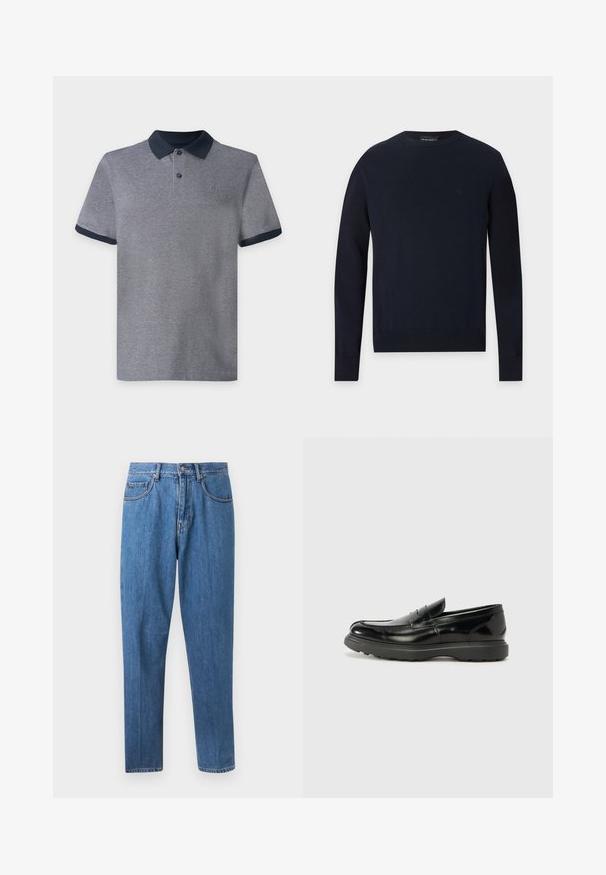 Pull bleu marine à col rond, manches longues, avec poignets et ourlet côtelés sur fond gris clair.; Polo gris à manches courtes avec col et bords de manches bleu marine foncé, doté de deux boutons et d’un petit logo sur la poitrine sur un fond uni.; Jean droit en denim bleu avec fermeture à boutons et zip, poches avant et passants de ceinture, présenté sur fond blanc.; Mocassin en cuir noir avec une finition brillante, bout arrondi, détails de couture subtils et semelle en caoutchouc épaisse pour la durabilité.