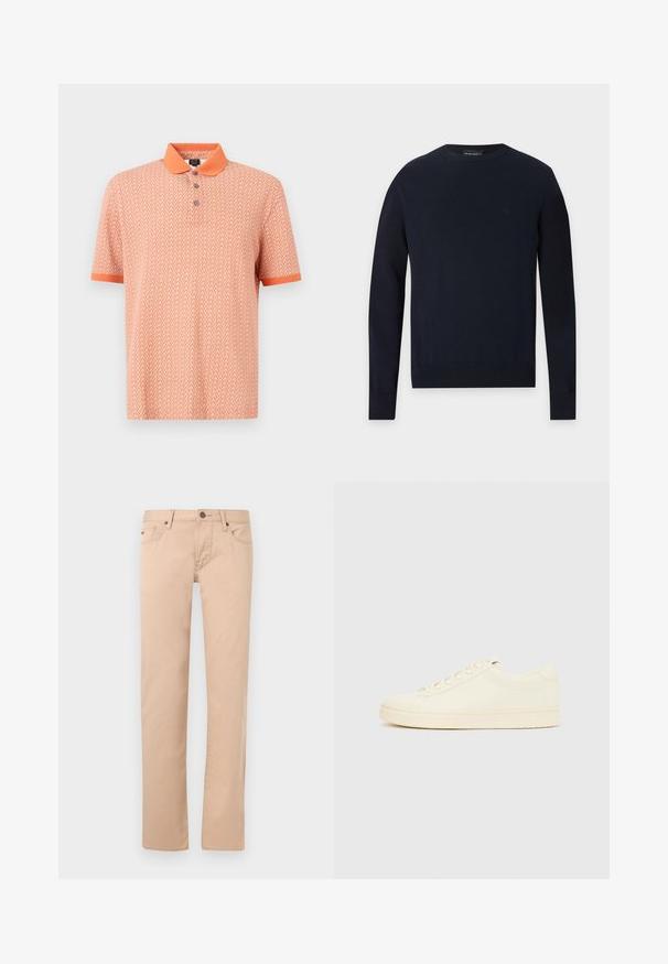 Pull bleu marine à col rond, manches longues, avec poignets et ourlet côtelés sur fond gris clair.; Polo à manches courtes en orange, avec un motif géométrique et un col contrastant. Plastron à trois boutons et poignets unis.; Pantalon beige à jambe droite avec poches avant, passants pour ceinture, fermeture par bouton et détails de couture, présenté sur un fond clair.; Baskets couleur crème avec une tige en cuir lisse, bout arrondi, laçage à l'avant et semelle en caoutchouc texturée. Design minimaliste, sans logo.