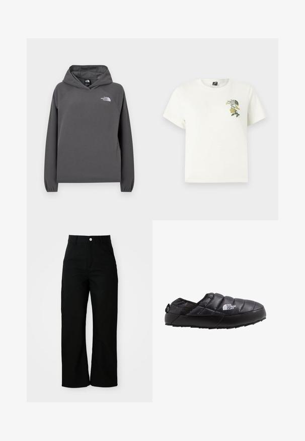 Grå hættetrøje i fleece med en afslappet pasform, ribbede ærmegab og en lille hvid logo på venstre bryst. Blød tekstur og enkelt design.; Hvid bomuld T-shirt med korte ærmer. Indeholder grøn og gul blomsterbroderi på venstre bryst, inklusiv logo. Almindelig pasform.; Sorte højtaljede bukser med lige ben, forlommer, bæltestropper og sølvfarvet knaplukning på hvid baggrund.; Sort isoleret slip-on sko med quiltet overdel, gummisål og strukturel detaljering. Har en hæltrækstrop og branding på siden.