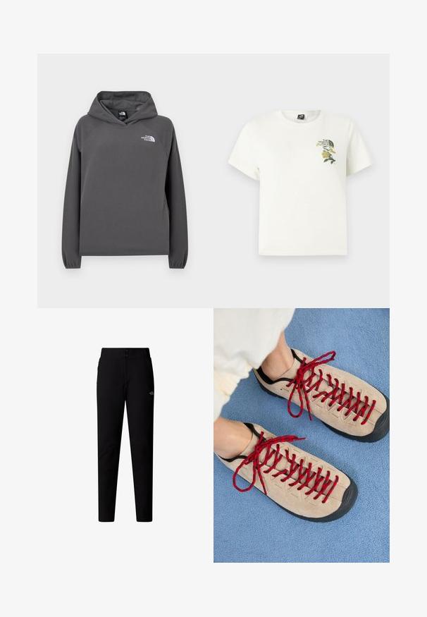 Grå hættetrøje i fleece med en afslappet pasform, ribbede ærmegab og en lille hvid logo på venstre bryst. Blød tekstur og enkelt design.; Hvid bomuld T-shirt med korte ærmer. Indeholder grøn og gul blomsterbroderi på venstre bryst, inklusiv logo. Almindelig pasform.; The North Face W QUEST SOFTSHELL PANTS - Bukser - tnf black; Beige sko med røde snørebånd, placeret på en blå tekstureret overflade, delvist synliggørende en persons ankel. Skoene har et sporty design.