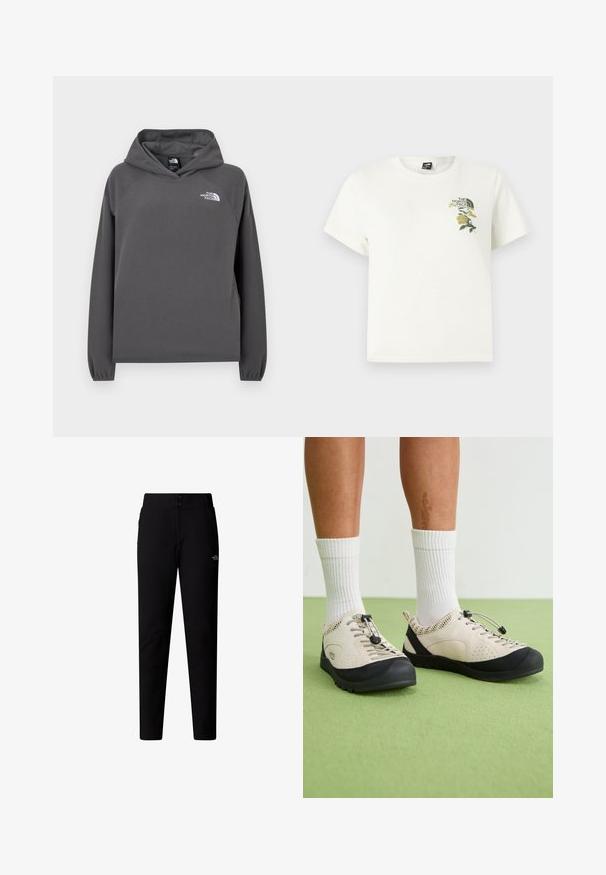 Grå hættetrøje i fleece med en afslappet pasform, ribbede ærmegab og en lille hvid logo på venstre bryst. Blød tekstur og enkelt design.; Hvid bomuld T-shirt med korte ærmer. Indeholder grøn og gul blomsterbroderi på venstre bryst, inklusiv logo. Almindelig pasform.; The North Face W QUEST SOFTSHELL PANTS - Bukser - tnf black; Beige sko med sorte accenter, mesh sidedele og et sikkert snørebånd. Tykk gummisål med mønstret slidbane. Båret med hvide sokker.