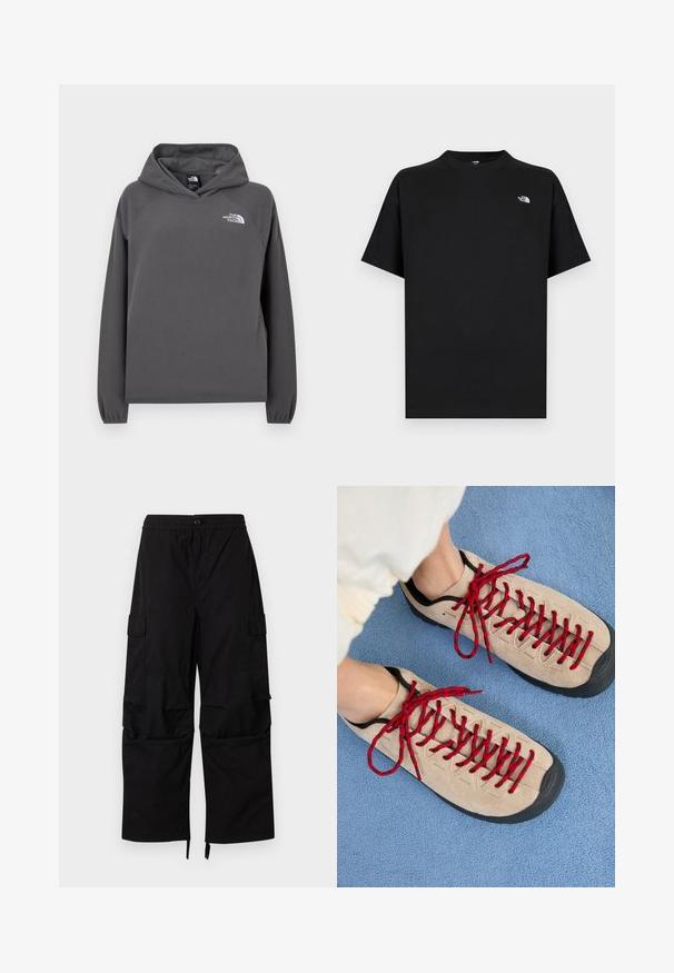 Grijze capuchontrui van fleece met een ontspannen pasvorm, geribbelde manchetten en een klein wit logo op de linker borst. Zachte textuur en eenvoudig ontwerp.; Zwart katoenen T-shirt met korte mouwen en een ronde hals. Voorzien van een klein wit logo op de linkerborst en een standaard pasvorm.; Zwarte cargobroek met elastische tailleband, knoopsluiting, zijflappzakken en brede rechte pijpen met verstelbare zoom.; Beige schoenen met rode veters, geplaatst op een blauwe, gestructureerde ondergrond, onthullen gedeeltelijk de enkel van een persoon. De schoenen hebben een sportief ontwerp.