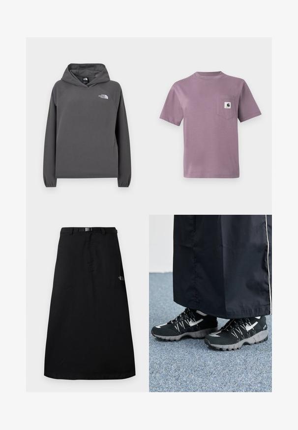Sweat à capuche gris en polaire avec une coupe décontractée, des poignets côtelés et un petit logo blanc sur la poitrine gauche. Texture douce et design simple.; T-shirt en coton lilas avec col rond, manches courtes et une poche poitrine gauche avec un label logo. Tissu lisse, coupe décontractée.; Jupe midi noire avec ceinture à taille ajustable et logo The North Face sur le côté droit.; Des chaussures de sport noires avec un dessus texturé, des accents argentés et une semelle extérieure à motifs, associées à un long vêtement noir. Présentées sur un tapis bleu.