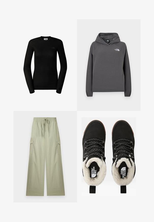 Grå hættetrøje i fleece med en afslappet pasform, ribbede ærmegab og en lille hvid logo på venstre bryst. Blød tekstur og enkelt design.; The North Face W EASY L/S CREW NECK - Langærmet T-shirt - tnf black; Lysegrønne cargobukser med vide ben, elastisk talje og snørre, med sidelommer med klap og en afslappet pasform.; Sorte vandtætte ankelstøvler med for af faux pels, tekstureret stof, snørebånd med hvidt og sort mønster samt en løkker ved hælen.