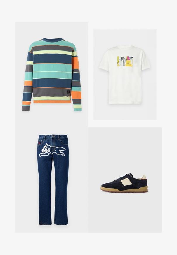 Trui met lange mouwen en ronde hals met horizontale strepen in petrol, marineblauw, grijs, oranje en lichtgeel op een effen achtergrond.; Wit T-shirt met korte mouwen met een centrale afbeelding van een zebra op een gele en meerkleurige abstracte achtergrond, met kleine tekst onder het ontwerp.; Blauwe denim jeans met rechte benen, met een grote witte afbeelding van een springend wezen op de achterzak. Standaard vijfzakendesign.; Marineblauwe sued sneaker met een crèmekleurig zijpaneel, rubberen zool en donkere veters, met PS Paul Smith branding op de zijkant en hiel.