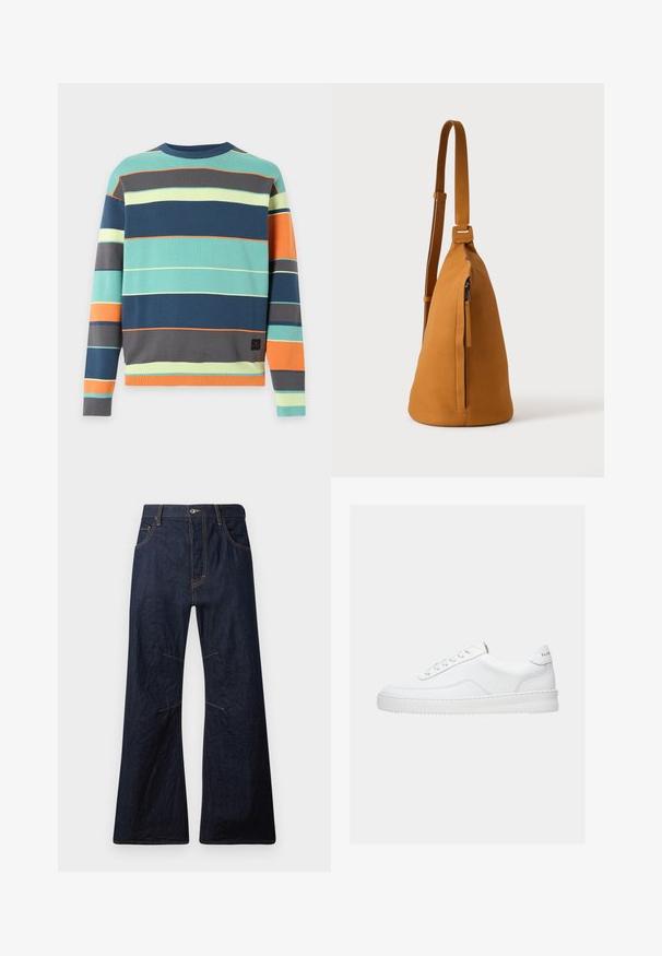 Langærmet rundhalset trøje med horisontale striber i teal, marineblå, grå, orange og lys gul på en ensfarvet baggrund.; Mørkeblå denim flared jeans med gul syning, fem lommer og lynlåsgylf. Har vandrette sømme over knæene.; Hvid lavt sneaker med snørelukning, glat læderoverdel og tyk sål, vist fra siden på en ensfarvet baggrund.; Tan læder crossbodytaske med justerbar rem og lodret lynlåslomme, vist fra siden mod en ensfarvet lys baggrund.