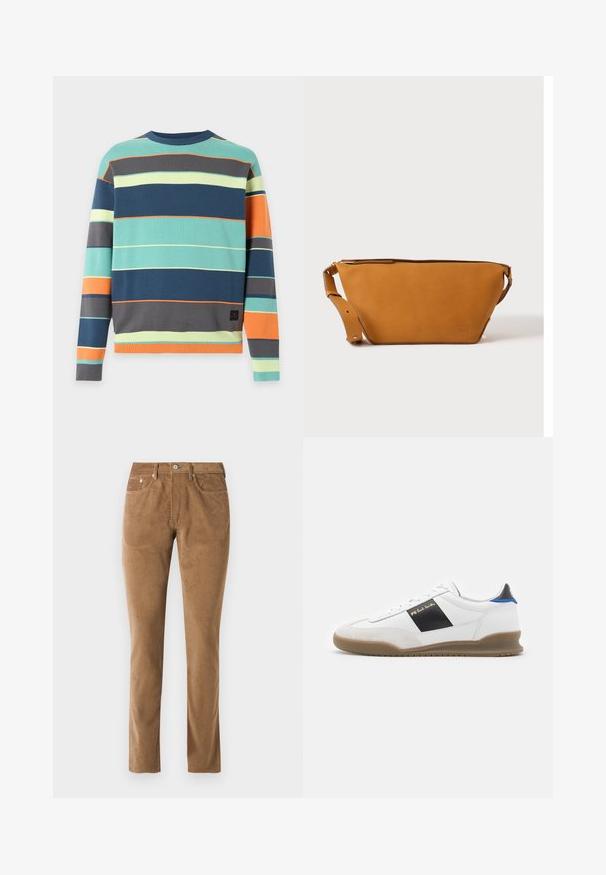 Pull à manches longues col rond avec des rayures horizontales en sarcelle, bleu marine, gris, orange et jaune clair sur un fond uni.; Pantalons en velours côtelé marron avec une coupe ajustée, comprenant cinq poches, une fermeture à bouton et un détaillage cousu le long des coutures.; Basket blanche avec des accents noirs et bleus, dessus en suède et cuir, bout rond, semelle plate en caoutchouc, et détail de marque dorée sur le côté.; Sac bandoulière en cuir marron clair avec sangle réglable et fermeture éclair, présenté sur un fond clair uni.