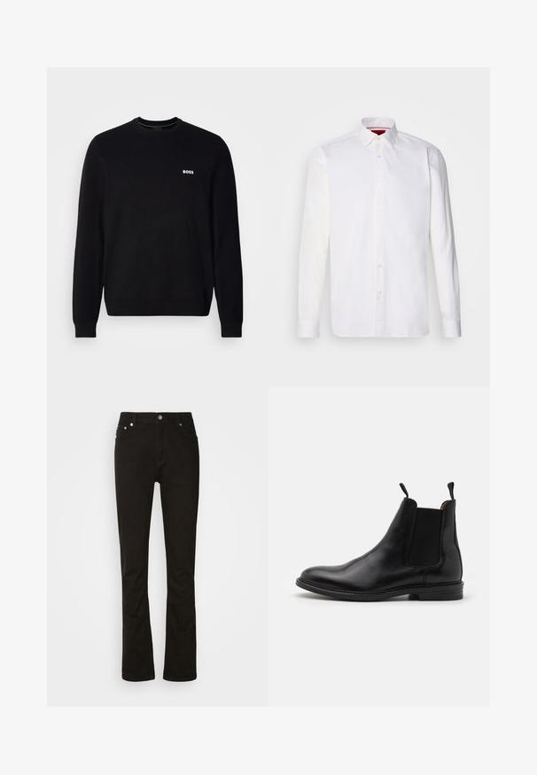 Pull en laine noir à manches longues avec un petit logo blanc "BOSS" sur la poitrine gauche, des poignets et un ourlet côtelés, présenté sur un fond blanc.; Chemise blanche à manches longues en coton, avec un col classique, une patte de boutonnage à l'avant et une texture lisse. Détail rouge à l'intérieur du col.; Jeans en denim noir au design droit, avec poches avant, braguette zippée et accents en métal argenté. Texture lisse, sans motifs.; Botte Chelsea en cuir noir avec panneaux élastiques sur les côtés, bout arrondi, anses et talon bas empilé. Texture lisse et design classique.