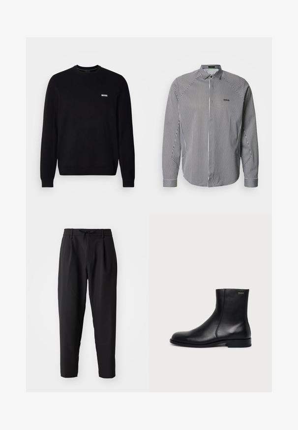 Sort langærmet crewneck trøje med lille hvid "BOSS" logo på venstre bryst, ribbede manchetter og bund, præsenteret mod en hvid baggrund.; Stribet skjorte med knapper i sort og hvid, med klassisk krave, lange ærmer og diskret logo broderi på brystet.; Sorte tapered bukser med elastisk talje og snor. Glat stof med en let tekstur, udstyret med læg og sidelommer.; Sort læderankelstøvle med lav hæl, sidesyning og lille "HUGO" logo på den øverste manchet mod en ensfarvet baggrund.