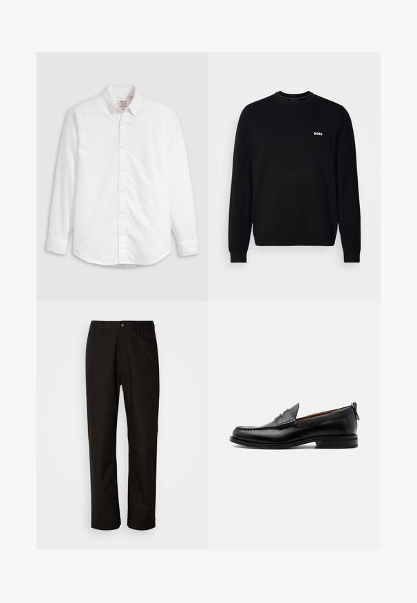 Pull en laine noir à manches longues avec un petit logo blanc "BOSS" sur la poitrine gauche, des poignets et un ourlet côtelés, présenté sur un fond blanc.; Chemise blanche à boutons en coton avec manches longues, col classique et ourlet arrondi. Dotée de boutons jaunes et d'un branding discret.; Pantalon en coton noir avec une coupe droite, des passants de ceinture, une fermeture éclair à l'avant et un seul bouton. Texture lisse sans motifs visibles.; Mocassin homme en cuir noir avec couture moc toe, bride penny, col texturé et petit talon empilé sur fond blanc.