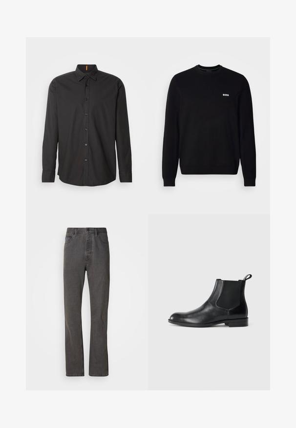 Pull en laine noir à manches longues avec un petit logo blanc "BOSS" sur la poitrine gauche, des poignets et un ourlet côtelés, présenté sur un fond blanc.; Chemise noire à manches longues en tissu léger. Elle dispose d'un col boutonné, de boutons à l'avant et d'un logo brodé sur la poitrine.; Jeans en denim gris avec une coupe droite, dotés de poches avant, d'une fermeture à bouton et d'une texture subtile.; Bottine en cuir noir avec des panneaux latéraux élastiques, bout rond et tirette. Texture lisse, semelle plate, design minimaliste.
