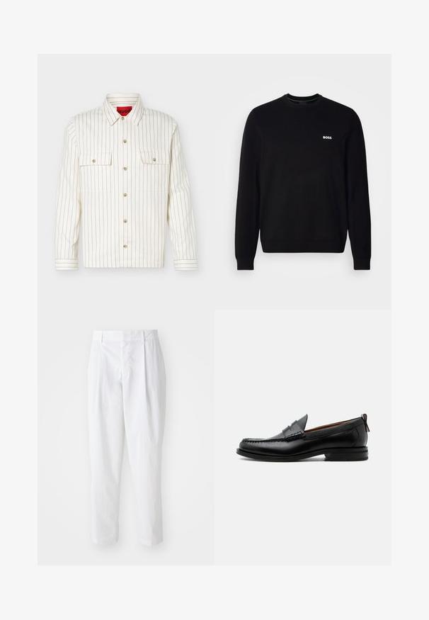 Pull en laine noir à manches longues avec un petit logo blanc "BOSS" sur la poitrine gauche, des poignets et un ourlet côtelés, présenté sur un fond blanc.; Chemise blanche à manches longues avec boutons, fines rayures verticales noires, deux poches poitrine à boutons à l'avant, et col pointu.; Pantalons plissés blancs à taille haute et longueur cropped, avec une texture lisse et des lignes épurées. Pas de matériel visible ni de motifs.; Mocassin homme en cuir noir avec couture moc toe, bride penny, col texturé et petit talon empilé sur fond blanc.