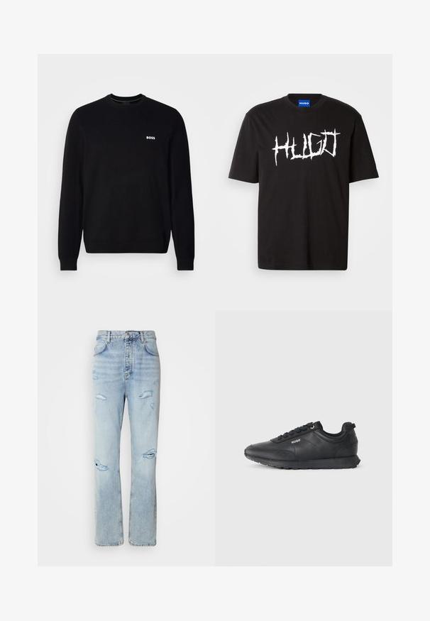 Suéter negro de manga larga con cuello redondo, con un pequeño logotipo blanco "BOSS" en el lado izquierdo del pecho, puños y dobladillo de canalé, presentado sobre un fondo blanco.; Camiseta de algodón negra con cuello redondo y mangas cortas que presenta un prominente logo gráfico en blanco "HUGO" en una fuente espigada.; Jeans de mezclilla de lavado claro con un corte relajado, que presentan áreas desgastadas y bordes deshilachados. La tela tiene una textura suave y lisa.; Zapatilla negra de corte bajo con cordones en la parte delantera, detalles Texturizados y logo "HUGO" en el lateral, mostrada de perfil sobre un fondo blanco.