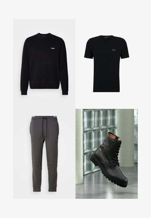 Sort langærmet crewneck trøje med lille hvid "BOSS" logo på venstre bryst, ribbede manchetter og bund, præsenteret mod en hvid baggrund.; Sort bomuld t-shirt med runde halsudskæring, korte ærmer, og et lille guld logo på venstre bryst. Glat tekstur og enkelt design.; Kullfarvede sweatpants med elastisk talje, justerbar snøre, sidelommer og ribbede manchetter. Glat tekstur og tætsiddende design.; Sort læder snørestøvle i kampstil med tyk sål, guld "HUGO" logo på siden, vist i moderne indendørs miljø med glasblokvæg i baggrunden.