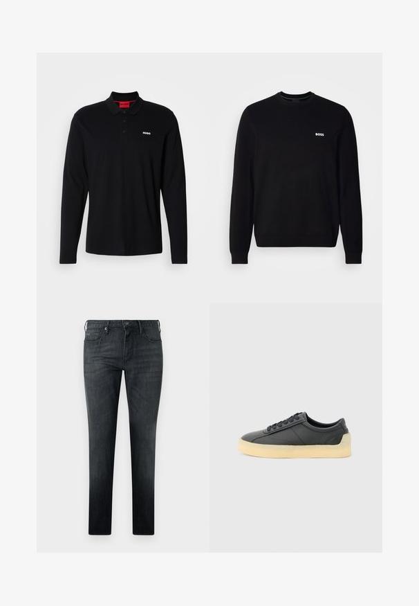 Schwarzer langärmliger Rundhalsausschnitt-Pullover mit kleinem weißen "BOSS"-Logo auf der linken Brust, gerippten Bündchen und Saum, vor einem weißen Hintergrund präsentiert.; Schwarzes Longsleeve-Polohemd aus Baumwolle mit rotem Kragen und Drei-Knopf-Leiste, ausgestattet mit einem weißen "HUGO"-Logo auf der Brust.; Schwarz gerade geschnittene Denim-Jeans mit vorderen Taschen, Gürtelschlaufen und Knopfverschluss, vor einfarbigem Hintergrund präsentiert.; Schwarzer Low-Top-Ledersneaker mit abgerundeter Spitze, schwarzen Schnürsenkeln und dicker, cremeweißer Gummisohle, seitlich auf hellem grauen Hintergrund dargestellt.