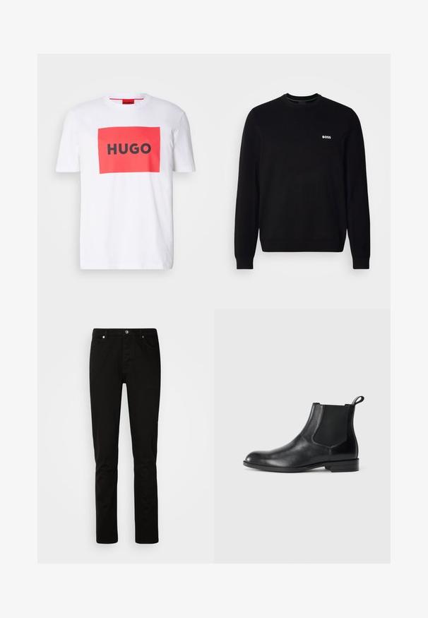 Pull en laine noir à manches longues avec un petit logo blanc "BOSS" sur la poitrine gauche, des poignets et un ourlet côtelés, présenté sur un fond blanc.; T-shirt en coton blanc avec un graphique rectangulaire rouge et le texte noir en gras "HUGO" au centre. Manches courtes, design à col rond.; Jeans noirs à jambe droite avec fermeture devant par bouton et fermeture éclair, poches avant et arrière, présentés sur un fond clair uni.; Bottine en cuir noir avec des panneaux latéraux élastiques, bout rond et tirette. Texture lisse, semelle plate, design minimaliste.