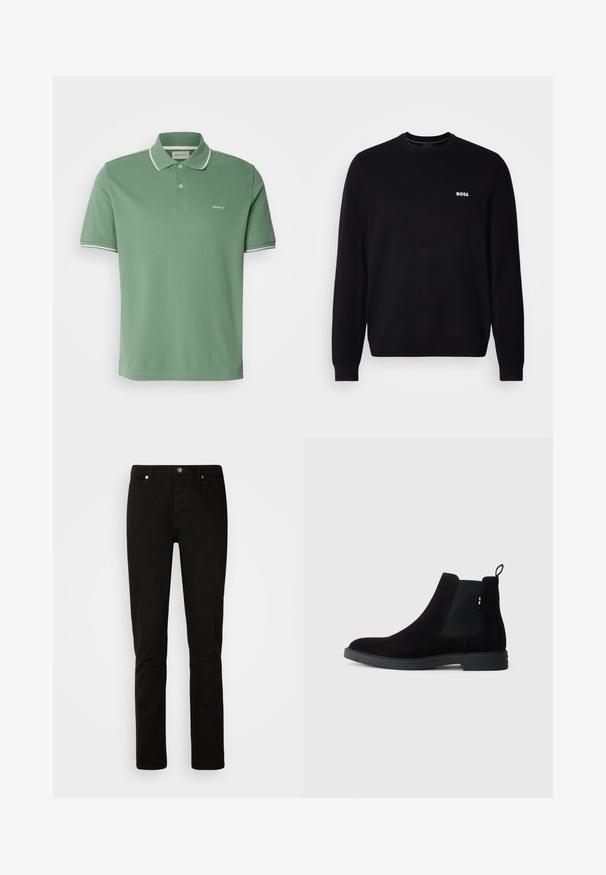 Sort langærmet crewneck trøje med lille hvid "BOSS" logo på venstre bryst, ribbede manchetter og bund, præsenteret mod en hvid baggrund.; Grøn polo shirt lavet af bomuld, med krave, to-knaps placket og hvidkantede ærmer med diskret logo broderi.; Sorte jeans med lige ben med foran knap- og lynlåslukning, for- og baglommer, vist på en lys ensartet baggrund.; Sorte suede Chelsea støvler med elastiske sidepaneler, rund tå og en lav gummisål. Har en pull tab bagpå for nem påtagning.