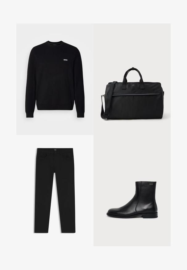Schwarzer langärmliger Rundhalsausschnitt-Pullover mit kleinem weißen "BOSS"-Logo auf der linken Brust, gerippten Bündchen und Saum, vor einem weißen Hintergrund präsentiert.; Schwarze Denim-Hosen mit geradem Schnitt, ausgestattet mit einem Standardbund, fünf Taschen und einem Knopfverschluss. Angenehme, glatte Textur.; Schwarzer Leder-Knöchelstiefel mit niedrigem Absatz, seitlicher Naht und kleinem "HUGO" Logo am oberen Schaft vor einfarbigem Hintergrund.; Schwarze rechteckige Reisetasche mit zwei Griffen, verstellbarem Schultergurt, vorderer Zippertasche und kleinem "BOSS"-Logo auf der Vorderseite.