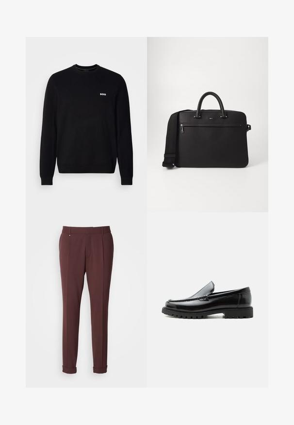 Pull en laine noir à manches longues avec un petit logo blanc "BOSS" sur la poitrine gauche, des poignets et un ourlet côtelés, présenté sur un fond blanc.; Pantalons ajustés bordeaux avec une texture lisse, dotés de passants de ceinture, de plis avant et d'ourlets roulés pour un look ajusté.; Mocassin en cuir noir avec semelle en caoutchouc épaisse, dessus cousu et nom de marque embossé sur le talon, présenté de profil sur fond blanc.; Sac en cuir noir avec une texture lisse, deux poignées supérieures et une bandoulière amovible. Il dispose d'une poche avant zippée et de détails de logo.