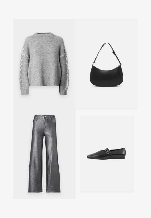 JDY JDYZOEY LIFE - Strickpullover - light grey melange; Silberne, metallic glänzende Jeans im weit geschnittenen Stil mit hoher Taille, ausgestattet mit fünf Taschen und einem Knopfverschluss. Der Stoff hat eine glatte, glänzende Textur.; Schwarze Lederflachschuhe mit spitzem Zehenbereich, ausgestattet mit einem metallischen Riemen über dem Spann und einer niedrigen, flexiblen Sohle.; Pieces PCALUANA SHOULDER BAG - Handtasche - black
