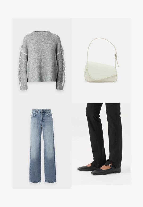 JDY JDYZOEY LIFE - Trui - light grey melange; Brede lichtblauwe denim jeans met een lichte wassing, ritssluiting, vijf-pocket ontwerp en subtiele vervaging bij de enkels.; Benen met zwarte smalle broek met voorsplitten aan de zoom, gecombineerd met zwarte platte Mary Jane-schoenen met een klein gespje.; Witte nepleren handtas met een gestructureerde driehoekige vorm, een enkele verstelbare schouderriem en een klep met ronde accenten.
