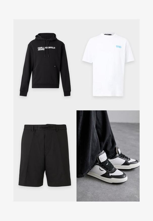 Sudadera negra de tejido suave, con un bolsillo canguro y capucha con cordón. "KARL LAGERFELD JEANS" impreso en blanco en el pecho.; Camiseta blanca de manga corta con cuello redondo y pequeño texto azul "KARL LAGERFELD" repetido cuatro veces en el lado izquierdo del pecho.; Pantalones cortos negros de longitud media con una cintura ajustable con lazo y trabillas para cinturón, con un diseño limpio y de corte recto.; Zapatillas altas en blanco y negro con un detalle de cordón negro texturizado, material de cuero y sintético, con un logo en el lado.