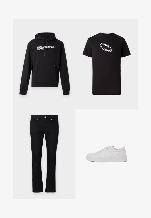 Čierna mikina s kapucňou vyrobená z mäkkého materiálu, s klokankou a kapucňou s šnúrkou. Na hrudi je biele potlačené "KARL LAGERFELD JEANS".; Čierne bavlnené tričko s krátkymi rukávmi a okrúhlym výstrihom. Na prednej strane sa nachádza bielo deformovaný text loga.; Čierne džínsy z denimu so slim fit, rovnými nohavicami, päť vreckami a kovovým zapínaním, s minimalistickými švami.; Biele kožené tenisky s klasickým nízkym strihom, plochou podrážkou a diskrétnym logom značky na päte. Obsahujú päť kovových očiek na šnúrky.