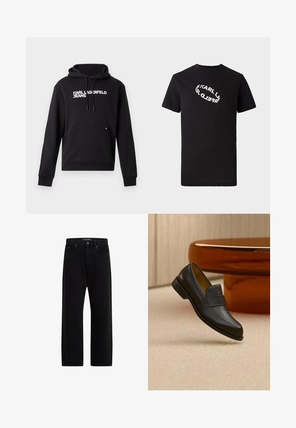 Čierna mikina s kapucňou vyrobená z mäkkého materiálu, s klokankou a kapucňou s šnúrkou. Na hrudi je biele potlačené "KARL LAGERFELD JEANS".; Čierne bavlnené tričko s krátkymi rukávmi a okrúhlym výstrihom. Na prednej strane sa nachádza bielo deformovaný text loga.; Čierne denimové nohavice s voľným strihom, ktoré majú štandardný dizajn s piatimi vreckami, zapínanie na gombík a jemné vyšívanie značky.; Čierny kožený mokasín s nízkym podpätkom vznášajúci sa nad béžovým kobercom pri okrúhlom hnedom stole.