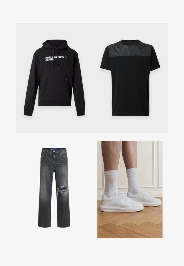 Sort hoodie lavet af blødt stof, med en kængurulomme og hætte med snor. "KARL LAGERFELD JEANS" trykt i hvidt på brystet.; Sort T-shirt med korte ærmer, der har et struktureret gråt panel på øverste front, detaljeret logo og rund hals.; Sorte denim jeans med en afslappet pasform, der har slidte detaljer og brede ben. Teksturen er glat med diskret falming.; Ben iført hvide ribstrikkede crew-sokker og hvide Karl Lagerfeld sneakers stående på lyst trægulv.