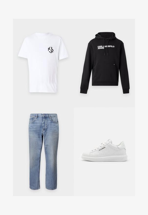 Must must juust, mis on valmistatud pehmest kangast, kangaroo tasku ja reguleeritav kapuuts. Rinnas on valgete tähtedega trükitud "KARL LAGERFELD JEANS".; Valge puuvillane t-särk lühikeste varrukatega, millel on must graafiline logo vasakul rinnus. Sile tekstuur ja ümar kaelus.; Heledad sinise denimi sirgedega püksid viie taskuga disainiga, nähtavate õmblustega ning nööbiga talje kinnitamiseks.; Valged sneakerid, mis on valmistatud siledast nahast ja millel on reljeefne muster. Omab ümmargust varvasekambrit, nööpide ja paeltega esiosa ning tekstuurset tallaosa. Külje peal on hõbedane logo detail.