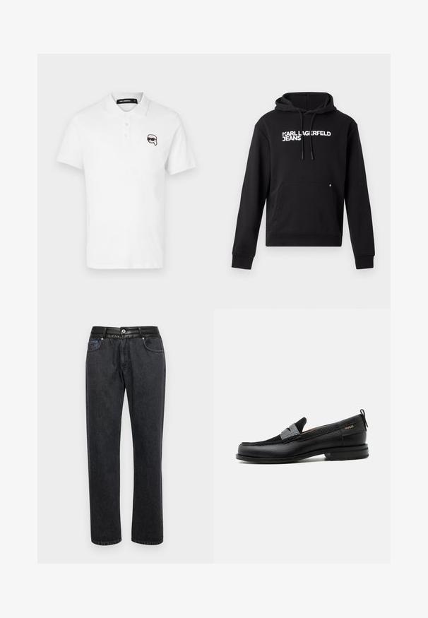 Zwarte hoodie van zachte stof, met een kangoeroezak en een capuchon met trekkoord. "KARL LAGERFELD JEANS" in het wit gedrukt over de borst.; Witte polo met korte mouwen, drie knopen bij de hals, en een zwart geborduurd cartoonlogo op de linkerborst.; Zwarte denim jeans met een rechte pasvorm, voorzien van een soepele leren tailleband, frontzakken en subtiele stikseldetails.; Zwarte leren loafer met grijs riemdetailelement, lage hak en gestructureerde zool, aan de zijkant gebrandmerkt met "HUGO" in goud.