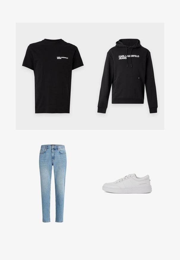 Must must juust, mis on valmistatud pehmest kangast, kangaroo tasku ja reguleeritav kapuuts. Rinnas on valgete tähtedega trükitud "KARL LAGERFELD JEANS".; Must musta, mis on valmistatud puuvillast, laia kaelusega ja lühikeste varrukatega. Vasakul rinnal on silmatorkav valge logo tekst. Lihtne disain.; Hele sinine denimpüksid, lõdva lõikega, viie taskuga disain ja õrn kulumine. Omab bränditud siltu vöökoha lähedal.; Valge nahast tennisetossud klassikalise madala disainiga, tasase tallaga ja peene kaubamärgiga logoga kanna peal. Omab viit metallist silma lukkude jaoks.