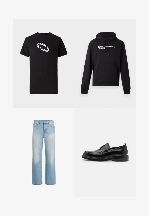 Sudadera negra de tejido suave, con un bolsillo canguro y capucha con cordón. "KARL LAGERFELD JEANS" impreso en blanco en el pecho.; Camiseta de algodón negra con mangas cortas y cuello redondo. Presenta un texto de logo distorsionado en blanco impreso en el frente.; Jeans de mezclilla azul claro con un diseño de pierna recta, detalles de desgaste, estilo de cinco bolsillos, cierre de botón y presillas para cinturón en la cintura.; Calvin Klein MOCCASIN - Mocasines elegantes - black