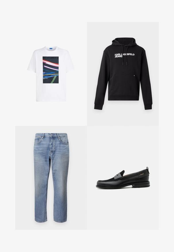 Musta huppari, joka on valmistettu pehmeästä kankaasta ja jossa on kengurupocket ja säätönyöri huppua varten. Rinnassa valkoisella painettuna "KARL LAGERFELD JEANS".; Valkoinen puuvillainen t-paita, jossa on keskellä suorakulmainen graafinen kuvasto, jossa on värikkäitä valojuovia punaisena, sinisenä ja vihreänä mustaa taustaa vasten.; Vaaleansiniset farkut suoran leikkauksen, viiden taskun muotoilun, näkyvän tikkausompelun ja nappikiinnityksen kanssa vyötäröllä.; Musta nahkalesti harmaalla remmikoristeella, matala korko ja teksturoitu pohja, sivustalla kullanvärisellä "HUGO"-brändillä.